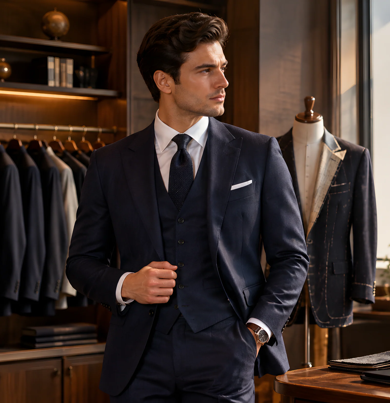 Navy suit worn in a tailoring atelier
