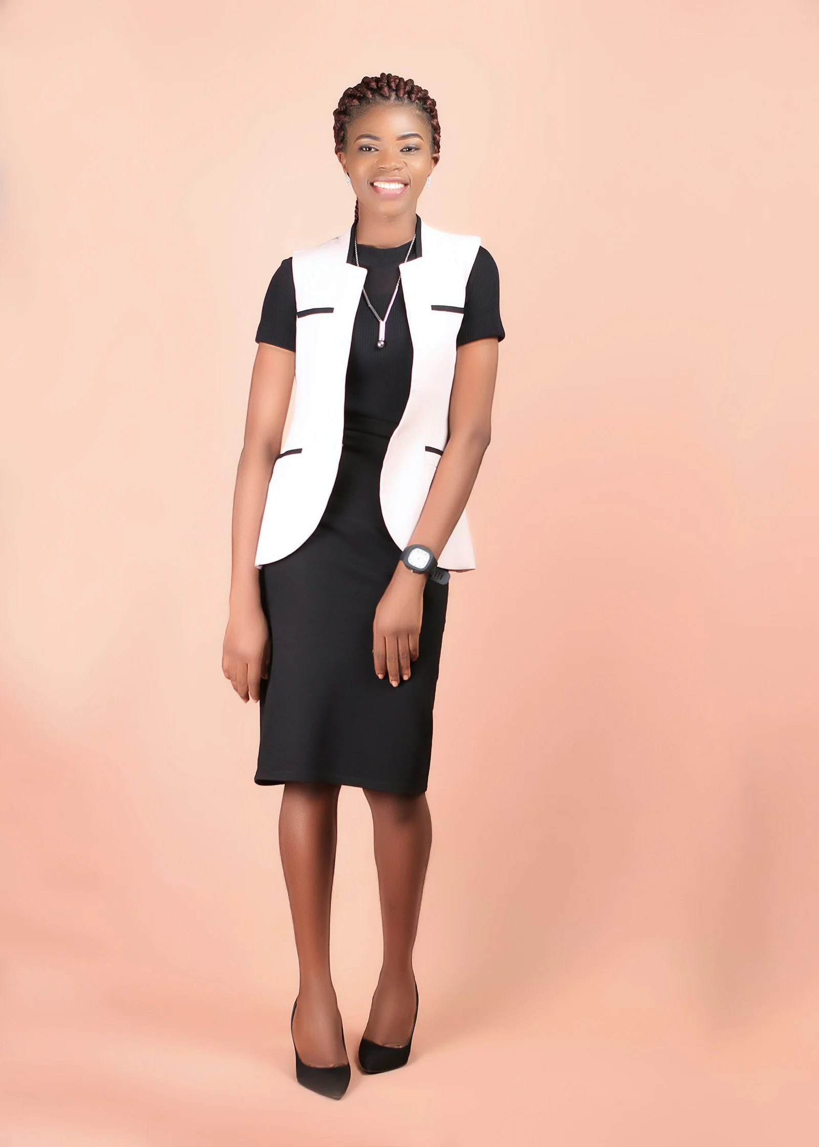 Woman in black and white school uniform