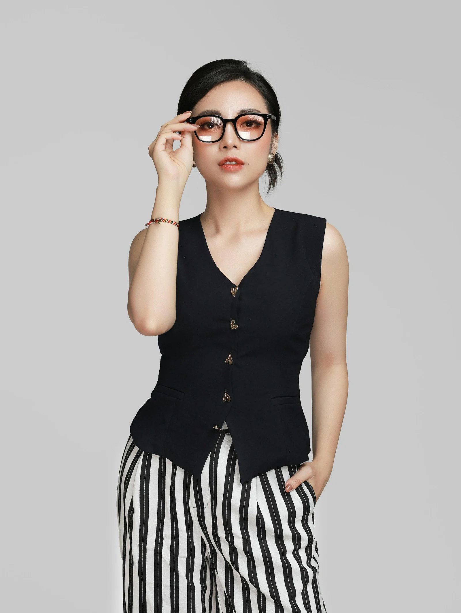 A woman wearing glasses