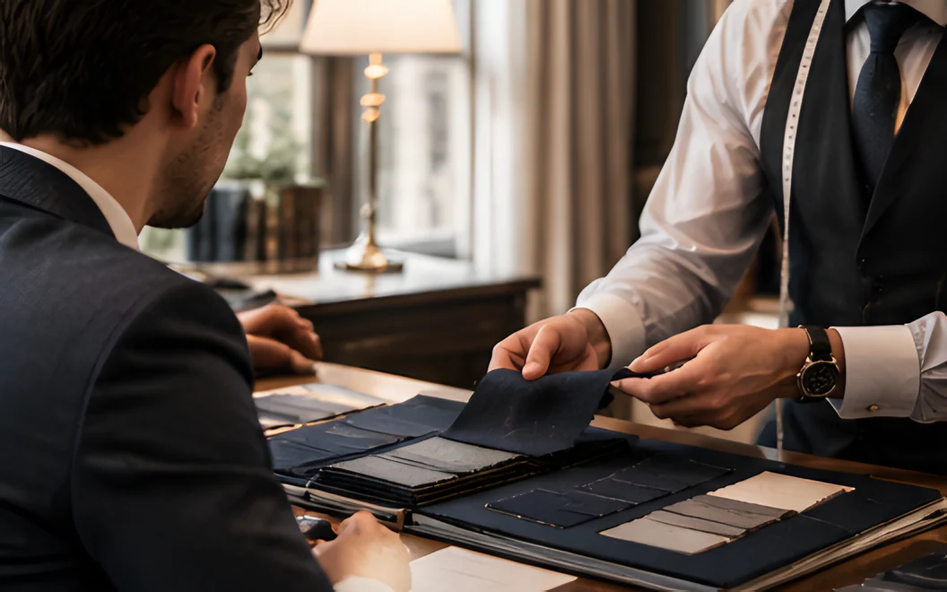 Tailor presenting fabric books to a customer across a desk