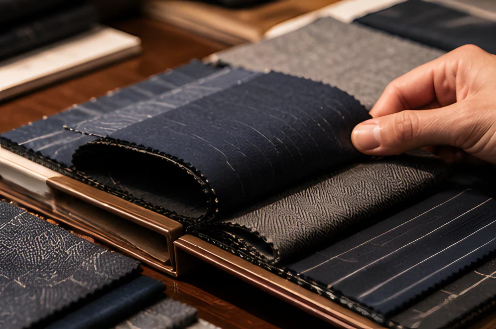 Hand turning through navy and grey suiting swatches