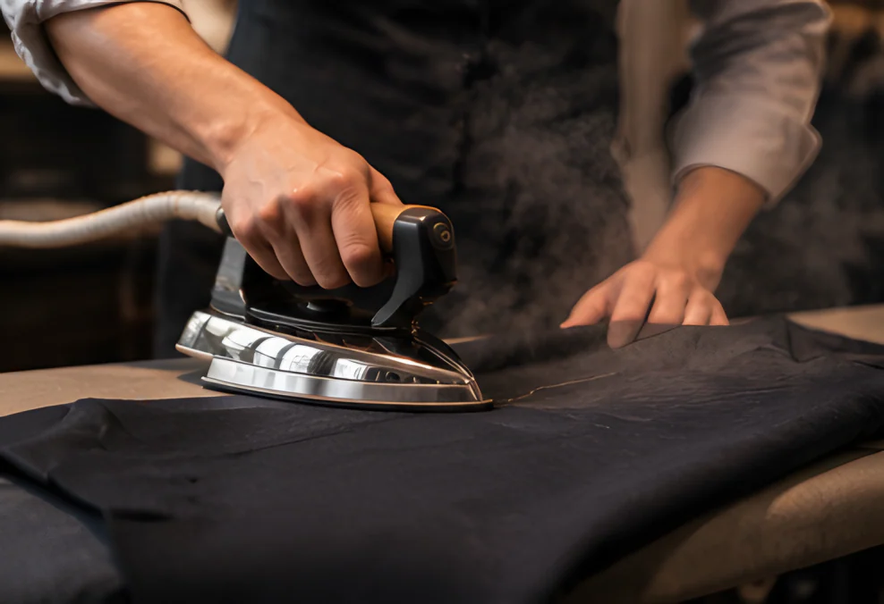 Steam iron pressing a navy garment