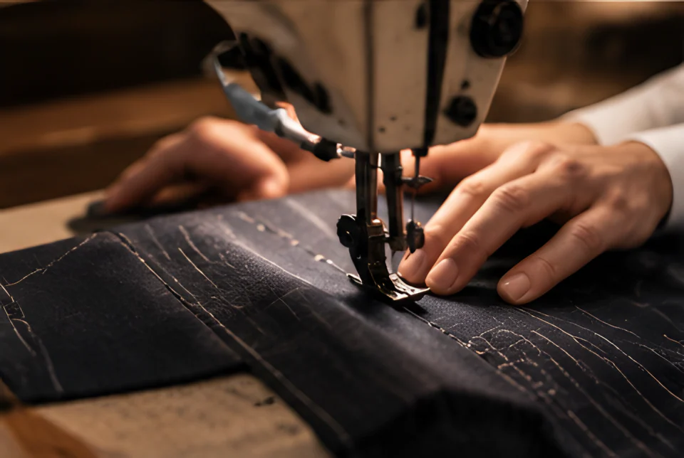 Navy pinstripe cloth being sewn on a machine