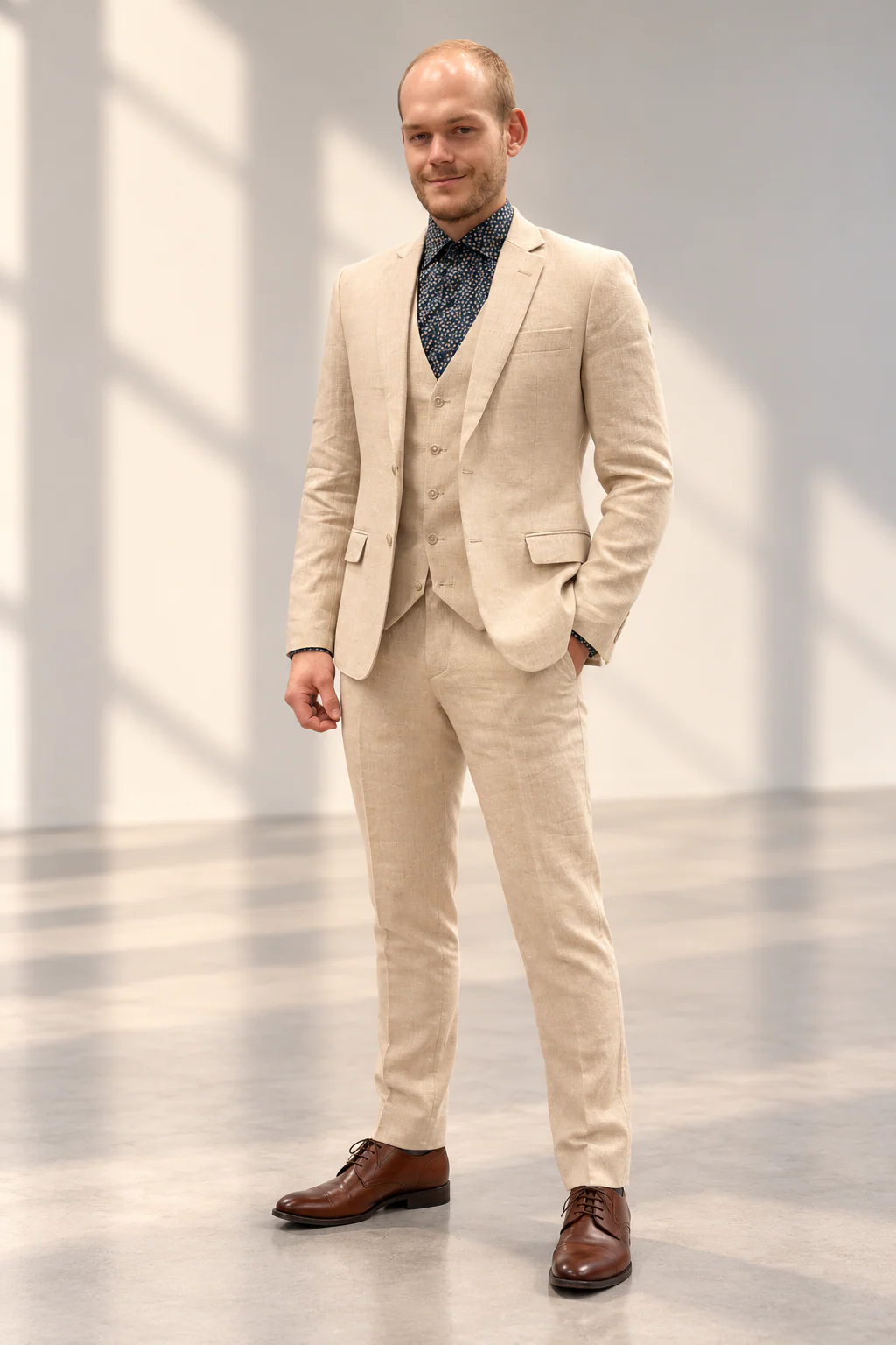 Cream linen three-piece suit with patterned shirt
