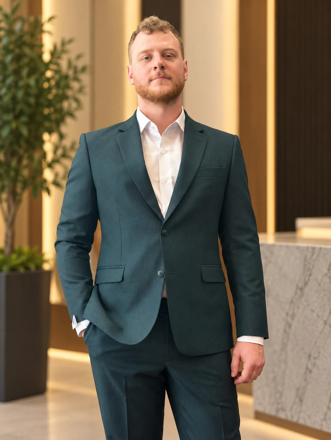 Teal-blue two-piece suit