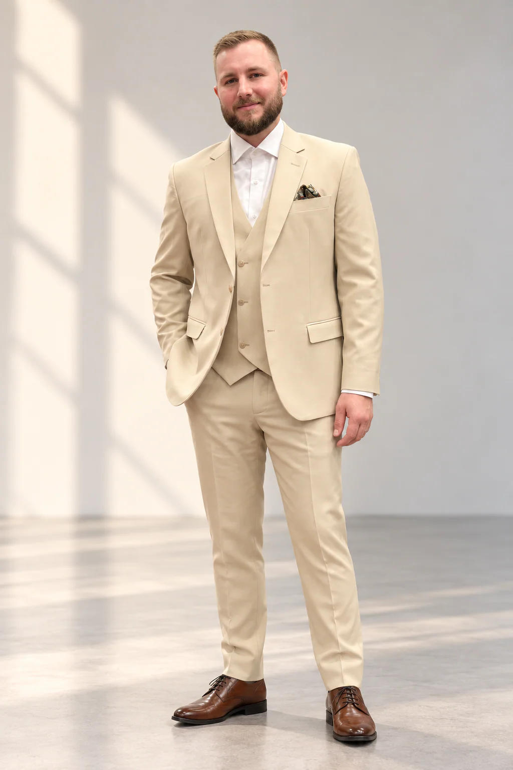 Beige three-piece suit with pocket square