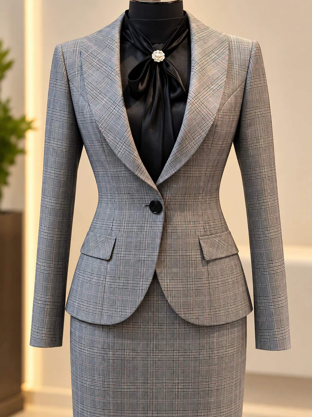 Grey check jacket and skirt with silk bow blouse