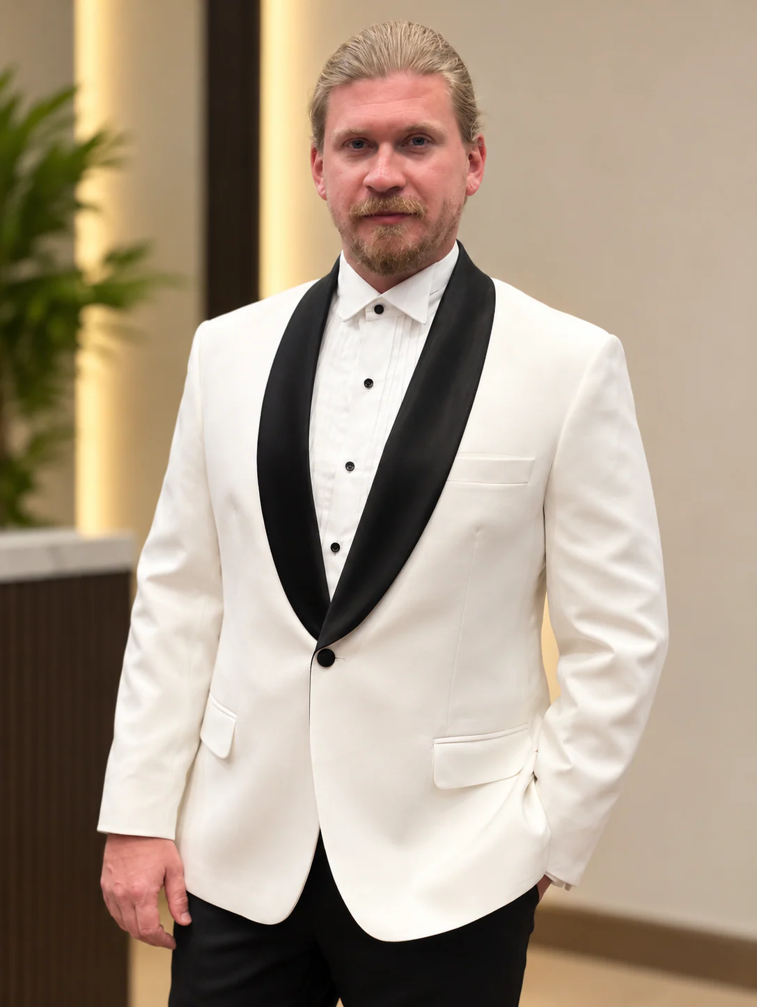 White dinner jacket with black satin shawl lapels