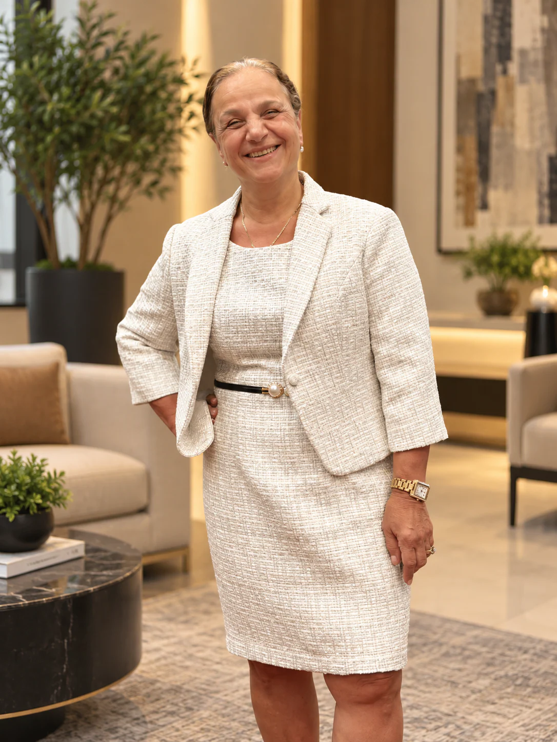 Ivory tweed jacket with tailored skirt