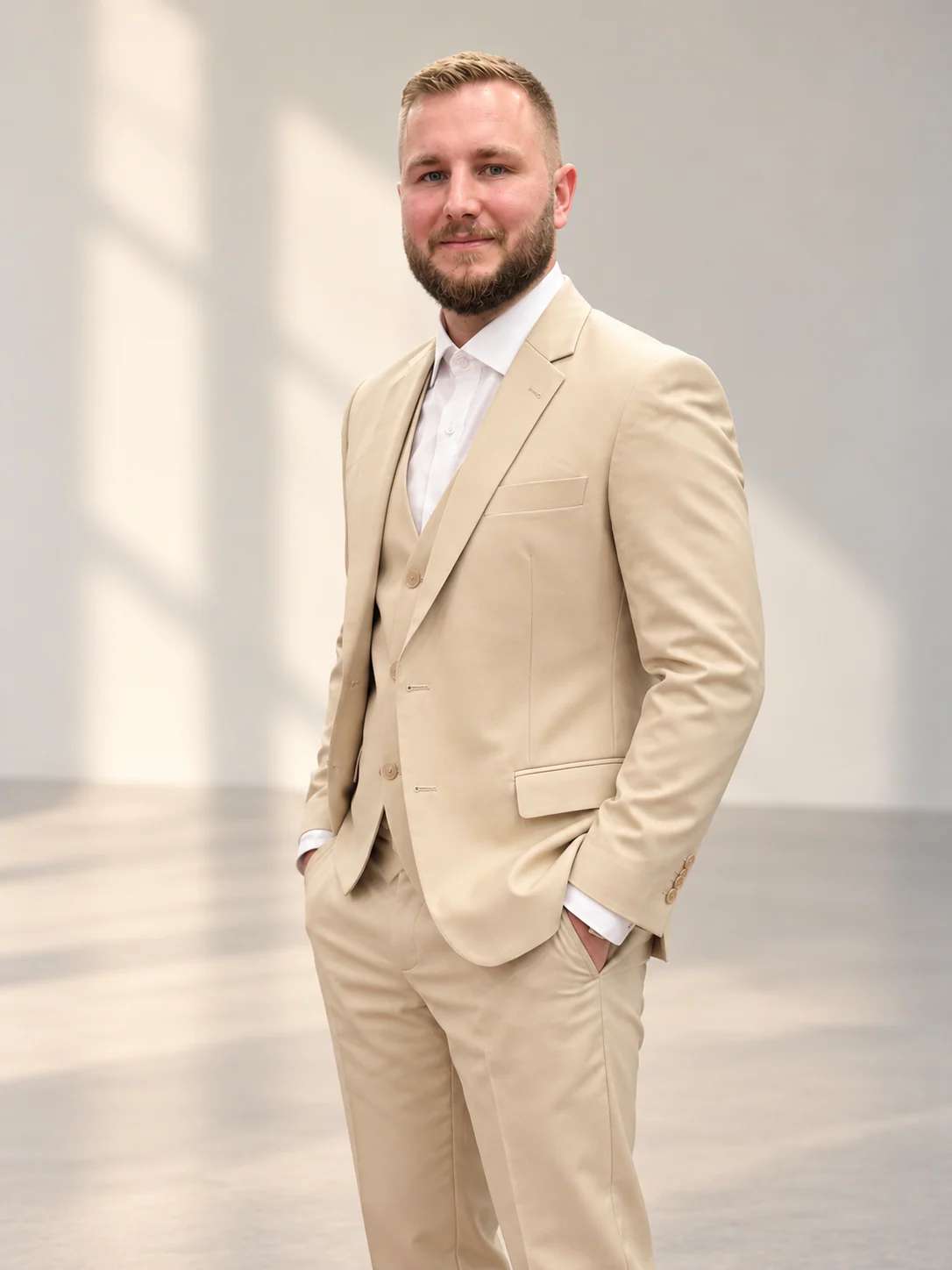 Beige suit with light blue shirt