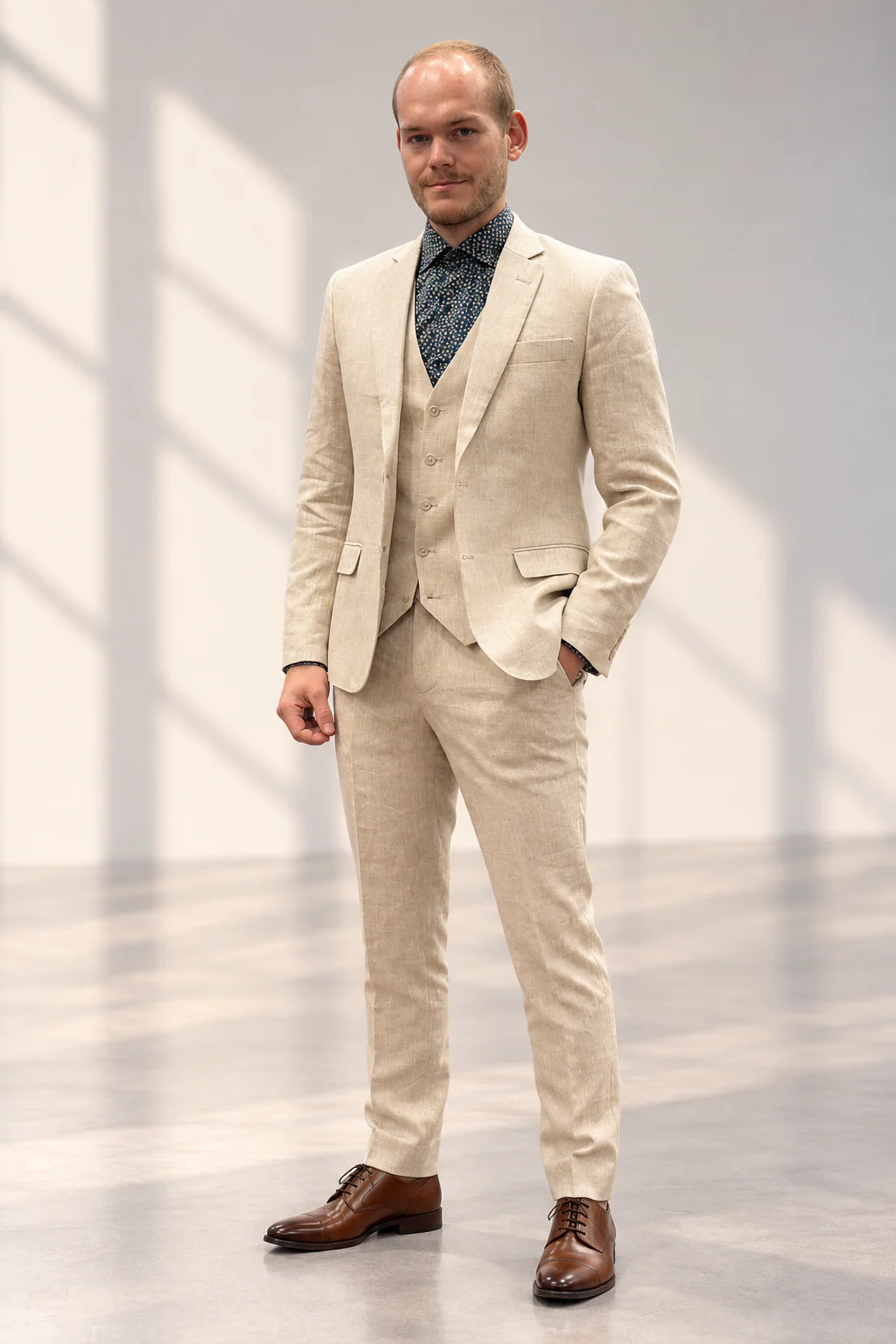 Cream linen three-piece suit