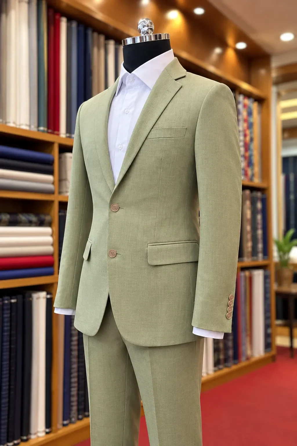 Sage green two-piece suit on a mannequin in the Royal King atelier