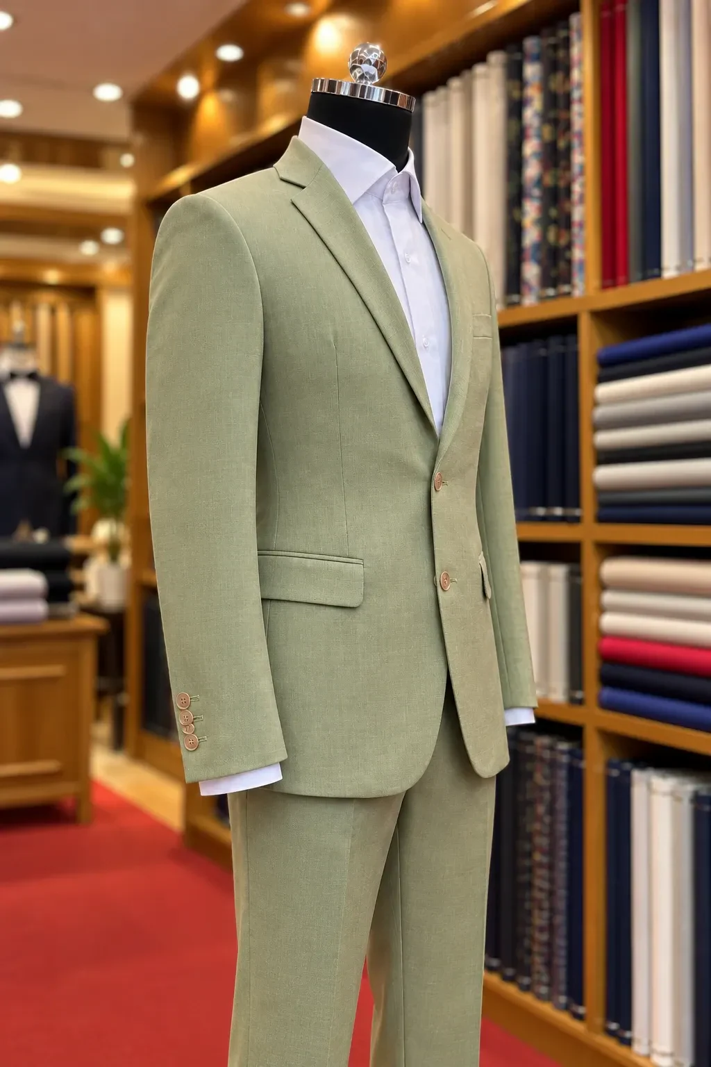 Sage green suit, three-quarter view showing the cuff buttons