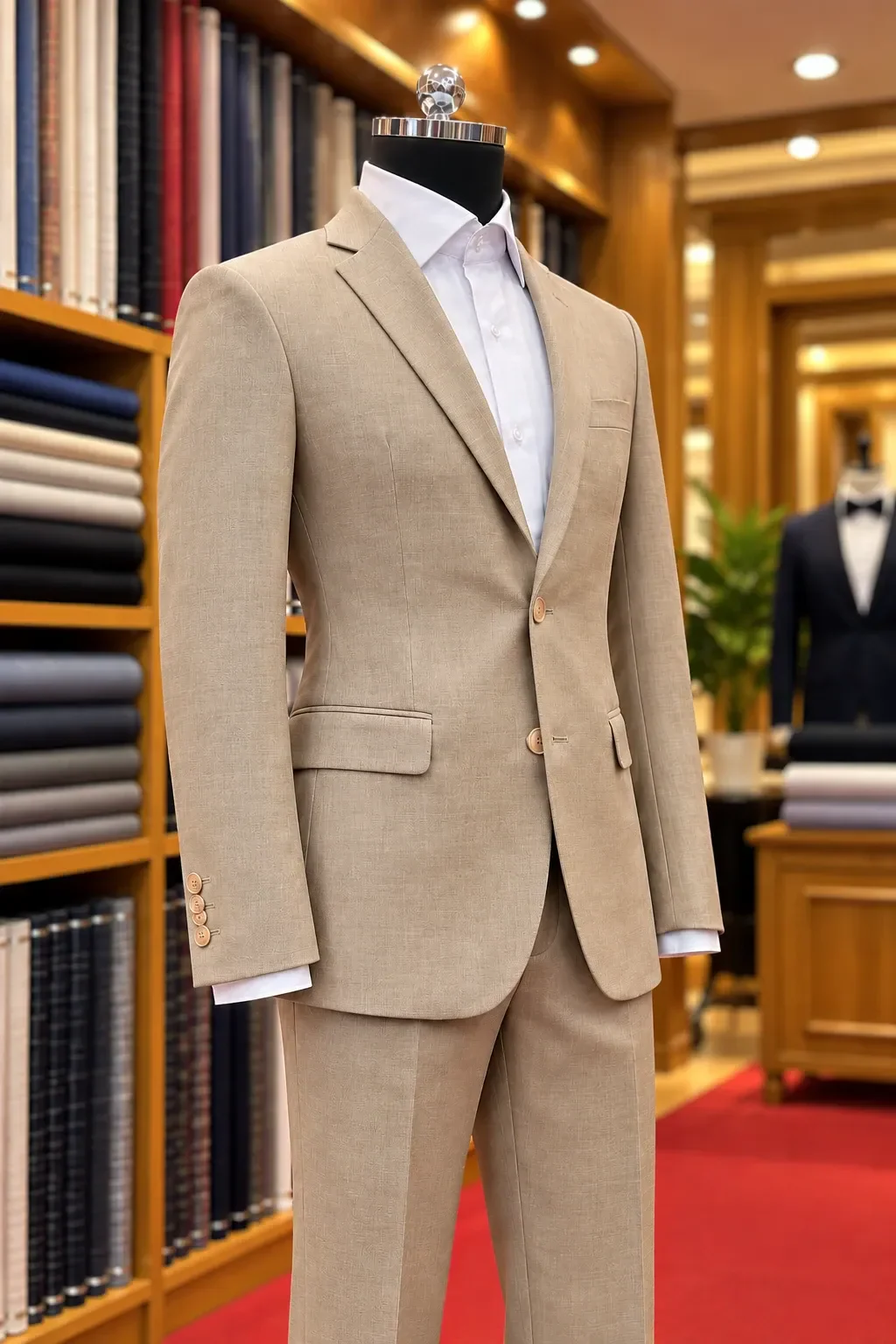 Sand beige two-piece suit on a mannequin in the Royal King atelier