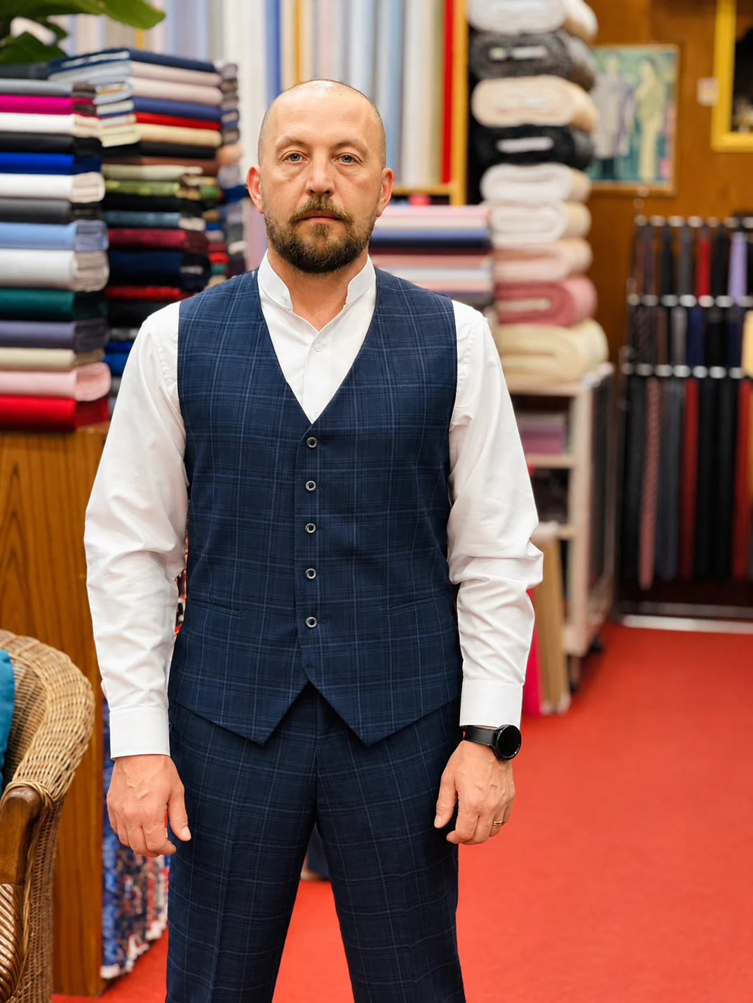 Navy check waistcoat with white shirt