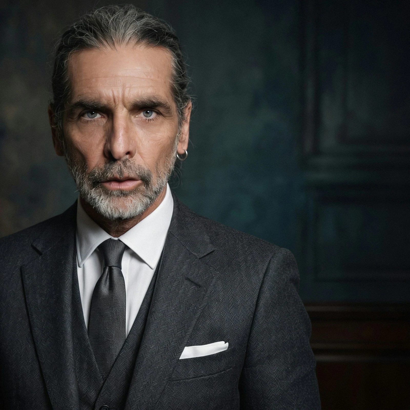 Distinguished grey-haired man in a charcoal three-piece suit