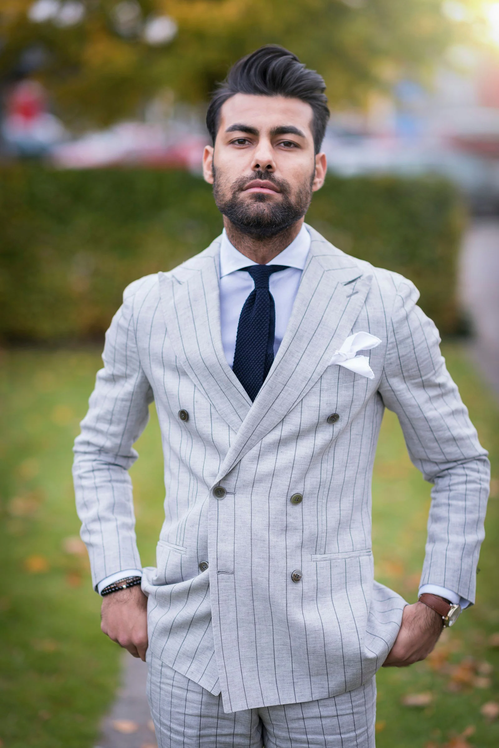 Light grey pinstripe double-breasted suit